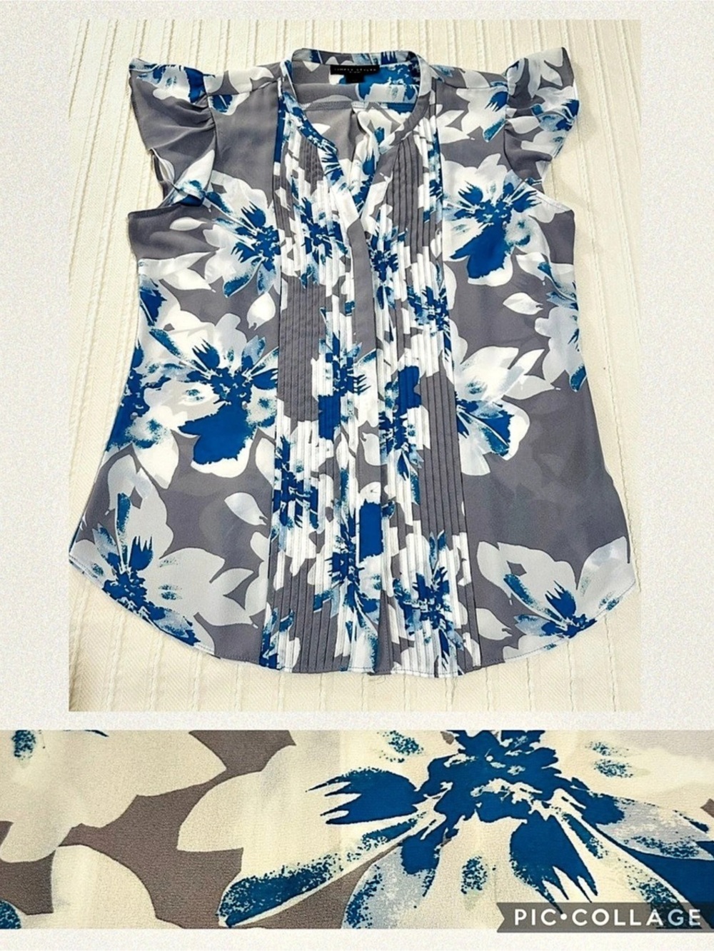 Simply Styled Floral Pleated Blouse in Gray & Blue